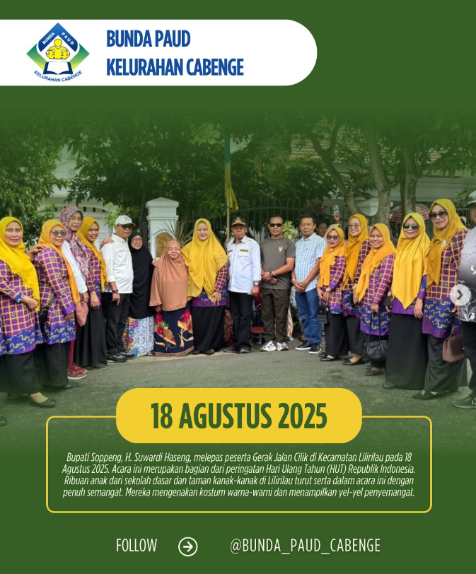 Bupati Soppeng, H. Suwardi Haseng, melepas peserta Gerak Jalan Cilik di Kecamatan Lilirilau pada 18 Agustus 2025. Acara ini merupakan bagian dari peringatan Hari Ulang Tahun (HUT) Republik Indonesia. Ribuan anak dari sekolah dasar dan taman kanak-kanak di
